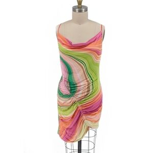 AFRM Swirl Print Cowl Neck Mini Dress - Pink, Green, Orange